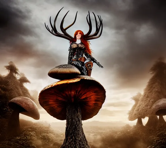 Image similar to a photo of an armored woman warrior redhead with antlers sitting on a giant mushroom that covers a whole village and reaches above the clouds by luis royo. intricate. lifelike. soft light. sony a 7 r iv 5 5 mm. cinematic post - processing