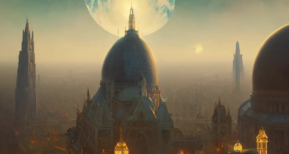 Prompt: cinematic shot, city on the moon, geodesic domes, digital painting, artstation, concept art, soft light, hdri, smooth, sharp focus, illustration, intricate, elegant, highly detailed, in the style of greg rutkowski and alphonse mucha and artemisia, 8 k, highly detailed, jurgens, rutkowski