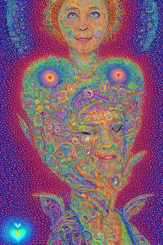 Image similar to a happy beautiful wise spirit goddess in the shape of a heart, meditation, 3 2 k resolution, good vibes, perfect lighting, billions of details, made out of small cubes of love, pointillism, fabric embroidery, stunning psychedelic artwork, android jones, chris dyer, alex grey, trending on artstation, award winner