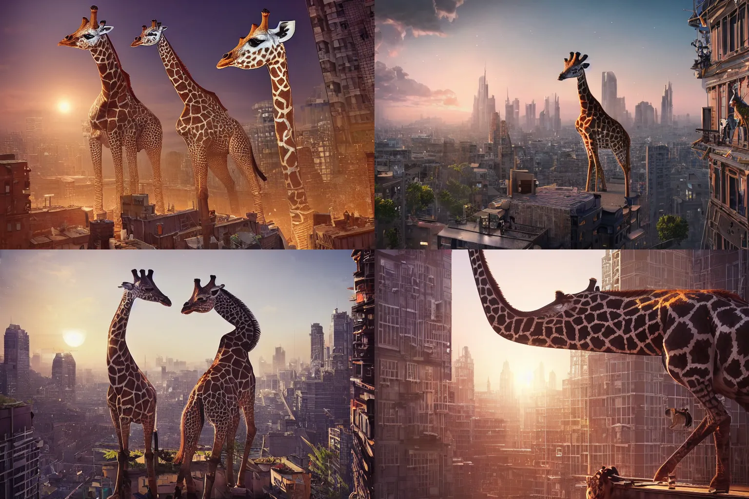 Prompt: rooftop, giraffe, intricate, epic lighting, cinematic composition, hyper realistic, 8 k resolution, unreal engine 5, by artgerm, tooth wu, dan mumford, beeple, wlop, rossdraws, james jean, andrei riabovitchev, marc simonetti, yoshitaka amano, artstation