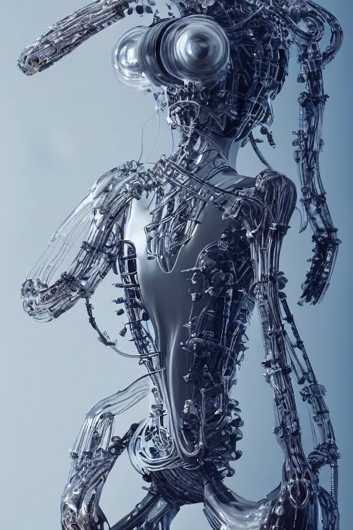 Image similar to iris van herpen, perfect symmetrical body, helmet on face, full body shot, inflateble shapes, wires, tubes, veins, jellyfish, white biomechanical details, wearing epic bionic cyborg implants, masterpiece, intricate, biopunk, vogue, highly detailed, artstation, concept art, cyberpunk, octane render