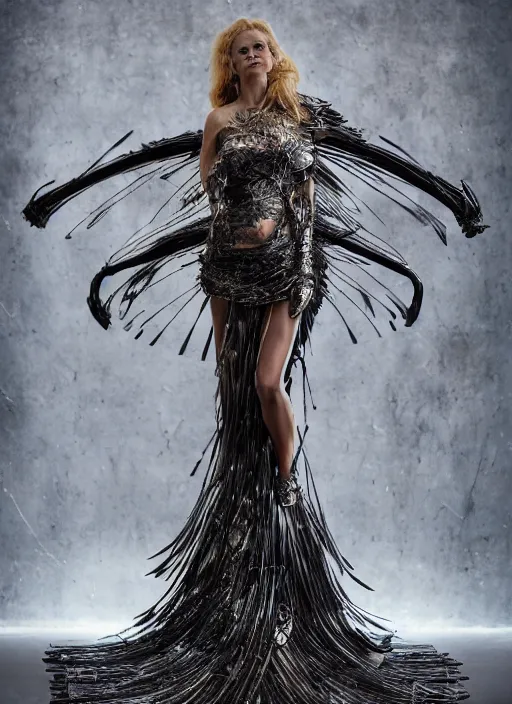 Image similar to expressive full body photo of 2 0 years old bridget bardot, dress made of steel blades, glamour shot, by karol bak, stefan gesell, photorealistic, nikon d 4 x, fashion photography, hyper maximalist, elegant, ornate, luxury, elite, environmental portrait, symmetrical features, octane render, unreal engine, solid dark grey background, dramatic lights