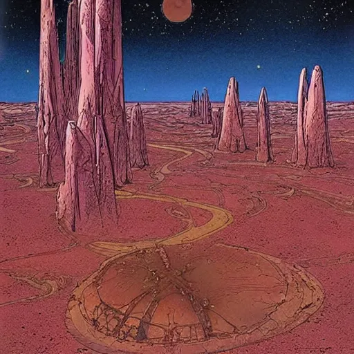 Prompt: a sci - fi desert, by moebius, as an european 8 0's comic