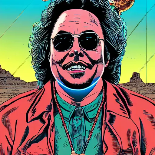 Prompt: precisely drawn illustration of Elon Musk blended with Jerry Garcia, wide angle, sharp, fine details, French comic style, vibrant realistic colors, full color, heroic fantasy, intense line art, 8k, precise linework, realistic, in the style of Heavy Metal Comics and Richard Corben and Moebius