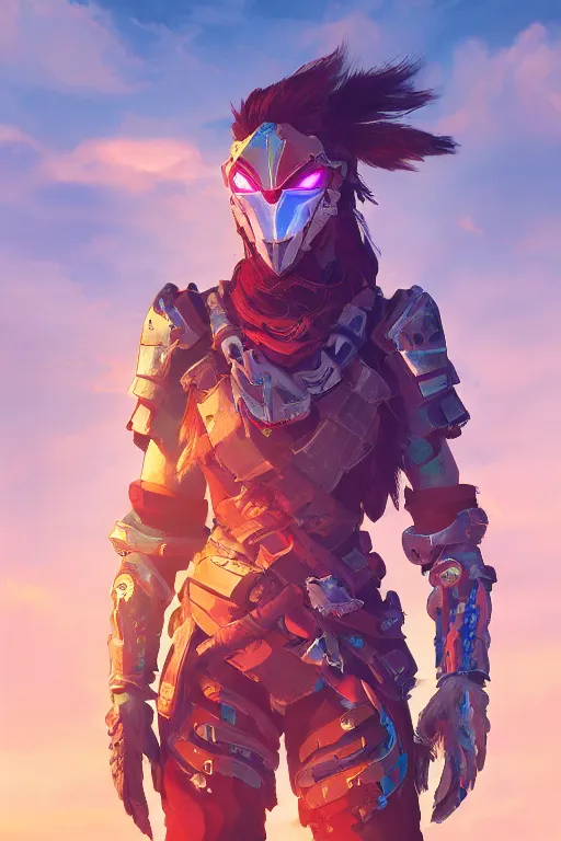 Image similar to combination suit armor aloy horizon forbidden west horizon zero dawn radiating a glowing aura global illumination ray tracing hdr fanart arstation by ian pesty and alena aenami artworks in 4 k tribal robot ninja mask helmet backpack