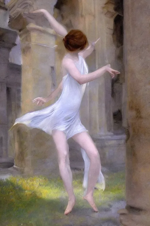 Prompt: ethereal girl dancing amidst ancient ruins in the style of john singer sargent