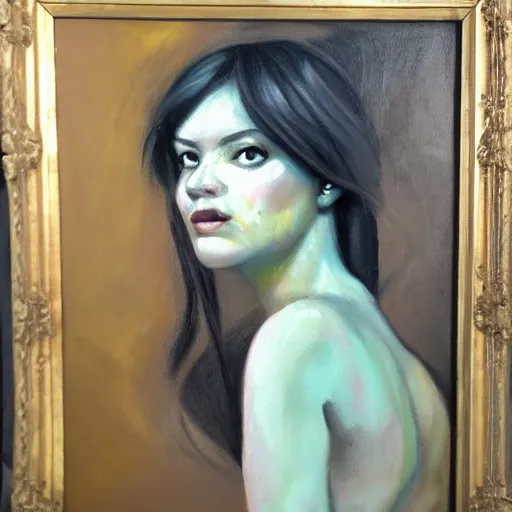 Image similar to shot from a distance, oil painting, impasto, rococo, manga, tonal, young lady, thin, dark hair