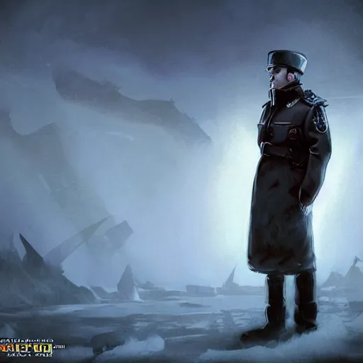 Image similar to pollutionpunk soviet policeman, fog, darkness, evil, magic the gathering artwork, D&D, fantasy, cinematic lighting, centered, symmetrical, highly detailed, digital painting, artstation, concept art, smooth, sharp focus, illustration, volumetric lighting, epic Composition, 8k, art by Akihiko Yoshida and Greg Rutkowski and Craig Mullins, oil painting, cgsociety