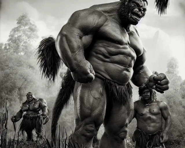 Image similar to hyper realistic group vintage photograph of a live action warcraft orc warrior tribe in the jungle, tall, hulk like physique, detailed faces, tribal paint, tribal armor, grain, old, monochrome, sepia toned, realistic lighting, wide angle