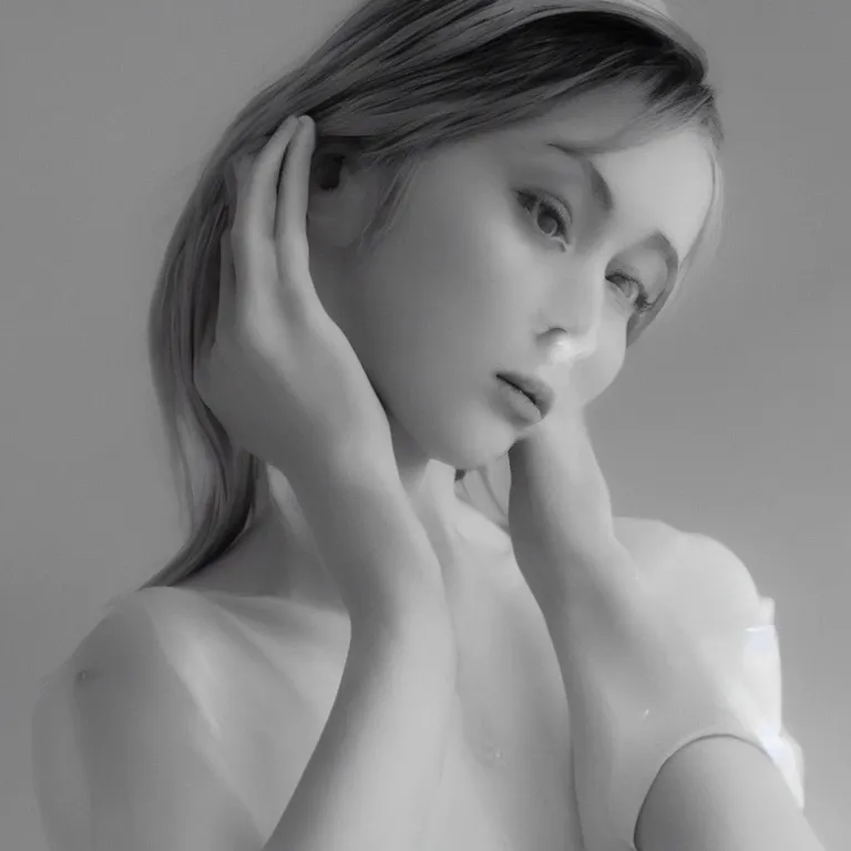 Image similar to cute historia reiss in a white room, beautiful face, pale skin, rule of thirds, cinematic lighting, rainy weather, melancholy atmosphere, sharp focus, backlit, stunning, model agency, smooth, hard focus, full body shot, instagram photo, shot on iphone 1 3 pro max, hyper realistic,