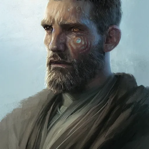 Image similar to portrait of a man by greg rutkowski, a jedi commander, scottish features, short copper hair, short beard, straight jaw, wise appearance, wearing the tactical gear of the galactic alliance, star wars expanded universe, he is about 4 0 years old, highly detailed portrait, digital painting, artstation, concept art, smooth, sharp foccus ilustration, artstation hq