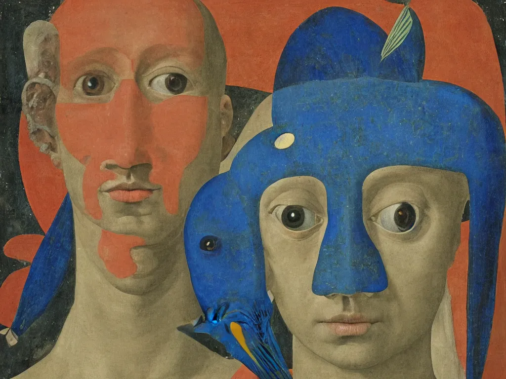 Image similar to portrait of a man head with close up exotic blue - faced angelfish fish, tribal mask. lapis lazuli, malachite, cinnabar, gold. painting by piero della francesca, balthus, agnes pelton