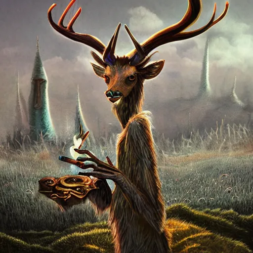 Image similar to 4 k headshot portrait of a psychedelic demonic anthropomorphic deer - horned wendigo smoking a hand - rolled cigarette smoking heavily, magic mushroom village in background. award winning. superb resolution. in the art style of junji ito and greg rutkowski. detailed mushroom city in background. hyper realistic anime. perfect art. dalle 2