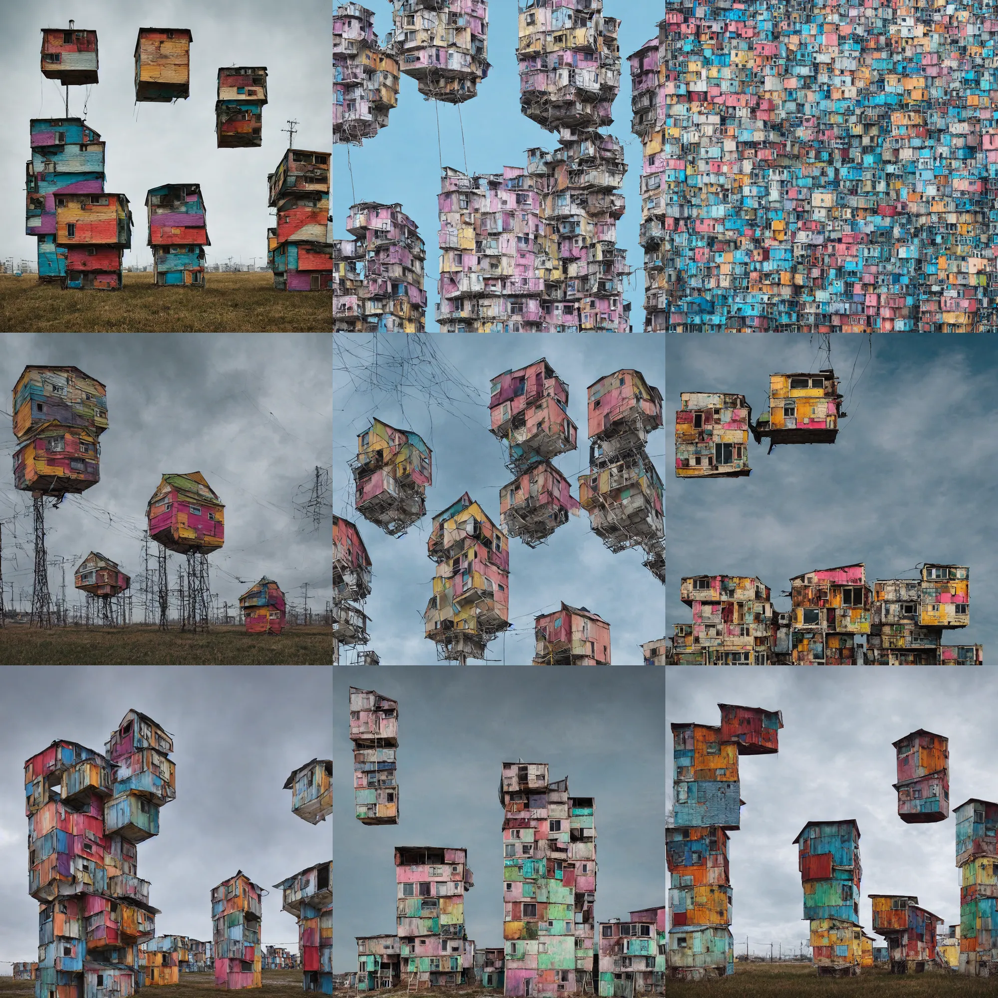 Prompt: close - up view of two symmetrical suspended towers made up of colourful makeshift squatter shacks, faded colours, uniform off - white sky, dystopia, hasselblad x 1 d, very detailed, photographed by cristina de middel gediminas pranckevicius