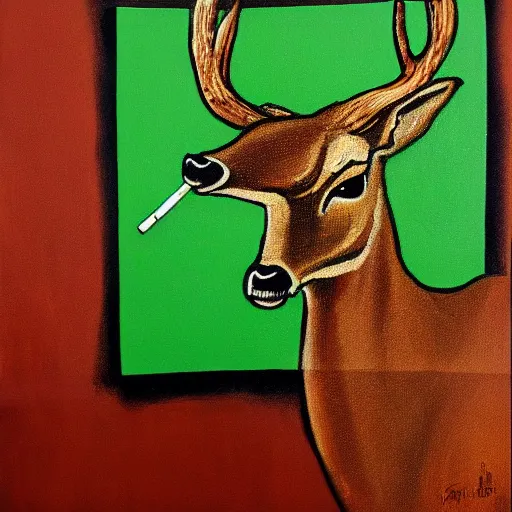 Image similar to deer with a cigarette in its mouth, artistic, painterly, expressive great contrast, brown and green, rule of thirds, dripping paint, thick strokes