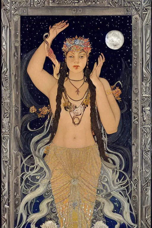 Prompt: queen of the moon with stars in her hair by Nicholas Roerich and Annie Swynnerton and Diego Rivera and jean delville and Carl Larsson, dramatic cinematic lighting , dark skin and natural afro hair, silver jewelry, ornate headdress, flowing robes, sacred artifacts, lost civilizations, smooth, sharp focus, extremely detailed