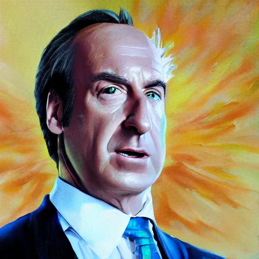 Prompt: oil painting of saul goodman going super sayian