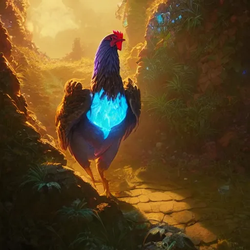 Prompt: highly detailed mage chicken, stephen bliss, unreal engine, fantasy art by greg rutkowski, loish, rhads, ferdinand knab, makoto shinkai and lois van baarle, ilya kuvshinov, rossdraws, tom bagshaw, global illumination, radiant light, detailed and intricate environment