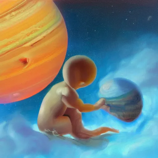 Image similar to stock photo of Saturn eating his child, oil on canvas, trending on artstation, deviantart