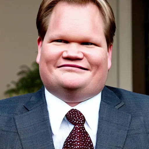 Image similar to Andy Richter is wearing a chocolate brown suit and necktie and is in a bedroom with a window letting in bright morning sunlight. Andy is sitting upright in a bed and is stretching his arm. His mouth his wide open as he yawns.