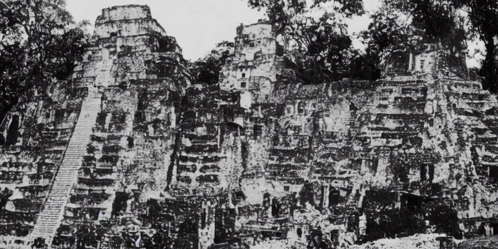 Image similar to black and white old 1 9 3 0 s damaged polaroid photo of a real alien with mayans in the ruins of tikal