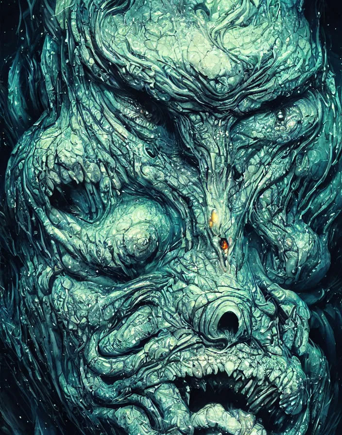 Prompt: horrific monster portrait. burning water distortions. intricate abstract. intricate artwork. by Tooth Wu, wlop, beeple, dan mumford. octane render, trending on artstation, greg rutkowski very coherent symmetrical artwork. cinematic, hyper realism, high detail, octane render, 8k, depth of field, bokeh. iridescent accents