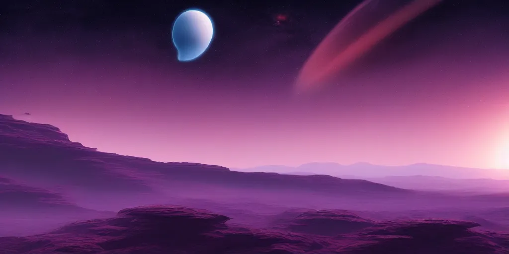 Image similar to very beautiful view of alien planet landscape at dawn, purple sky, science fiction digital art, award winning, trending on artstation, digital art. highly detailed 8 k. intricate. lifelike. soft light. nikon d 8 5 0.