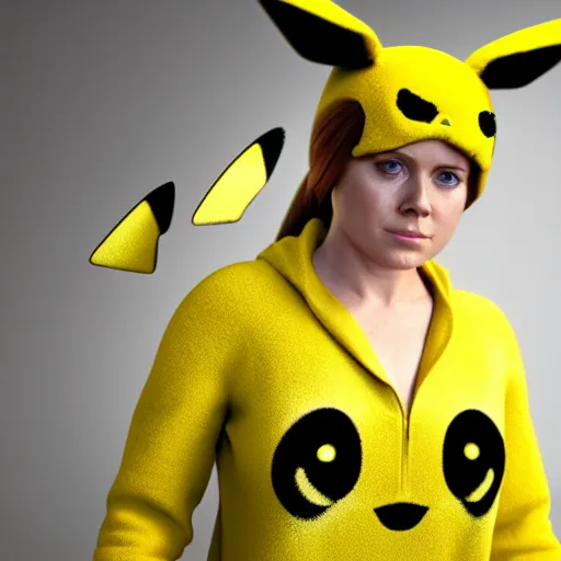 Image similar to photorealistic high resolution 3 d render of amy adams in pikachu onesie portrait, unreal engine 5, trending on artstation, volumetric lighting, subsurface scattering, highly detailed realistic human skin texture