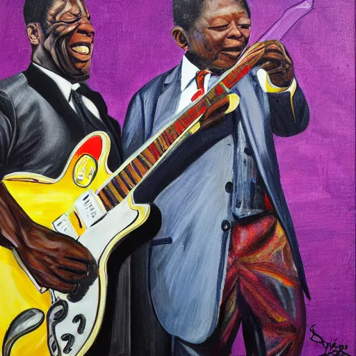 Prompt: portrait of bb king with buddy guy, joyful, highly detailed painting by stephen bliss, boxart, 8 k