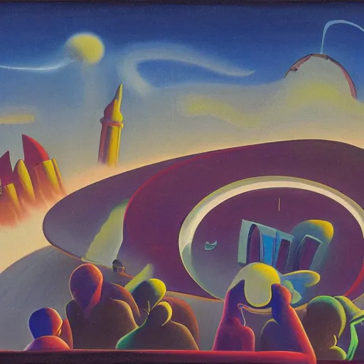 Image similar to painting of mysterious alien saucer hovering over seaside village, 1939, by Thomas Hart Benton