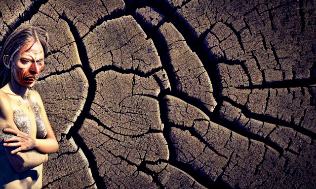 Image similar to medium shot of a crying ancient dried up Danu, peaceful, facing the camera and standing in front of a dried up river in a desolate land, dead trees, blue sky, hot and sunny, highly-detailed, elegant, dramatic lighting, artstation, 4k, cinematic landscape, photograph by Elisabeth Gadd