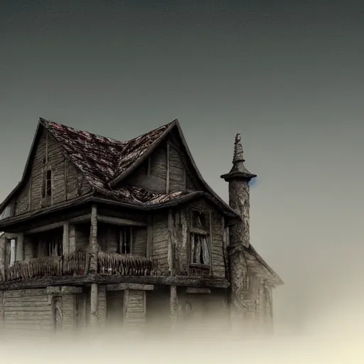 Image similar to village horror house in forest darkness dark render fog highly detailed