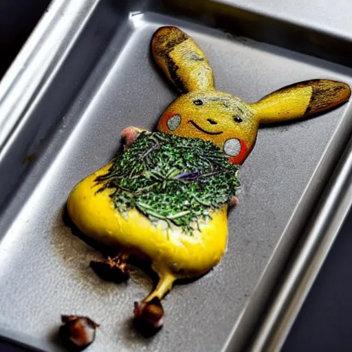 Image similar to roasted spatch pikachu in a baking tray with rosemary and thyme, cooking oil, steam, charred, ready to eat, electric sparks