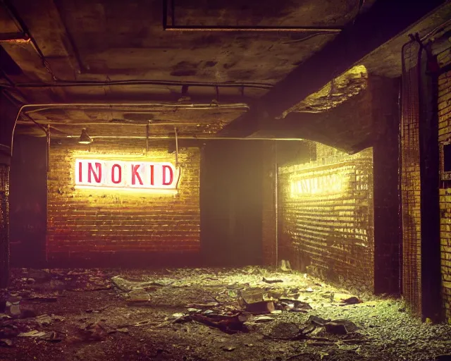 Image similar to An abandoned industial basement lit by a neon sign that says GAK, GAK sign, basement, cinematography by Robby Müller, GAK basement, industrial