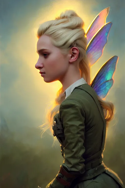 Image similar to cinematic shot of an epic portrait of a cute blonde fairy dressed in military clothes, stylised military clothes, large wings on back, shiny skin, beautiful, small details, realistic poster with volumetric light from jeremy lipkin and michael garmash, craig mallism, artgerm, unreal engine, radiant light, digital art, trends at art station, a masterpiece