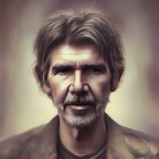 Image similar to hyperrealistic mixed media image of George Harrison Harrison Ford, stunning 3d render inspired art by István Sándorfi and Greg Rutkowski, perfect facial symmetry, realistic, highly detailed attributes and atmosphere, dim volumetric cinematic lighting, 8k octane extremely hyper-detailed render, post-processing, masterpiece,