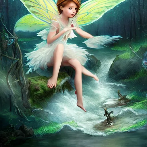 Image similar to child fairy fliying iver a river, forest by ross tran, highly detailed face