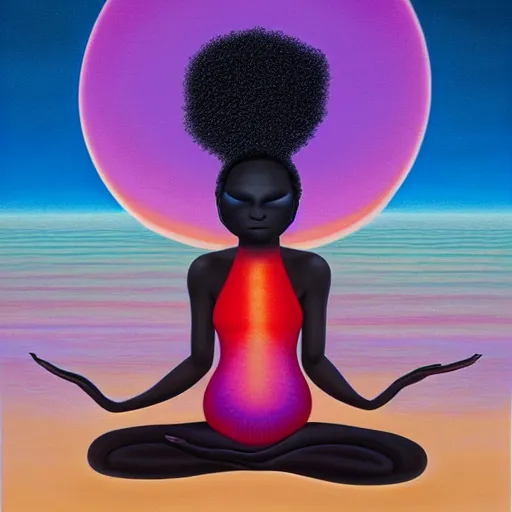 Prompt: a black woman meditating on a black sand beach at sunset, bioluminescent plankton by justin bua and evgeni gordiets and amanda sage in a surreal style, oil on canvas