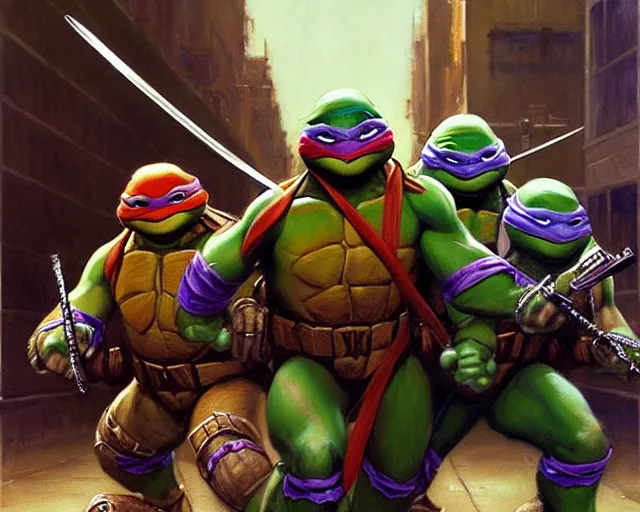 Image similar to teenage mutant ninja turtles, painting by gaston bussiere, craig mullins, j. c. leyendecker