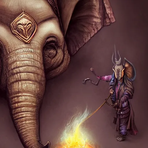 Image similar to Warlock with elephant traits. Character portrait, face close-up, of an anthro elephant warlock in the style of Bastien Lecouffe-Deharme. Tusks, long trunk holding a wand, looks like Ganesh.