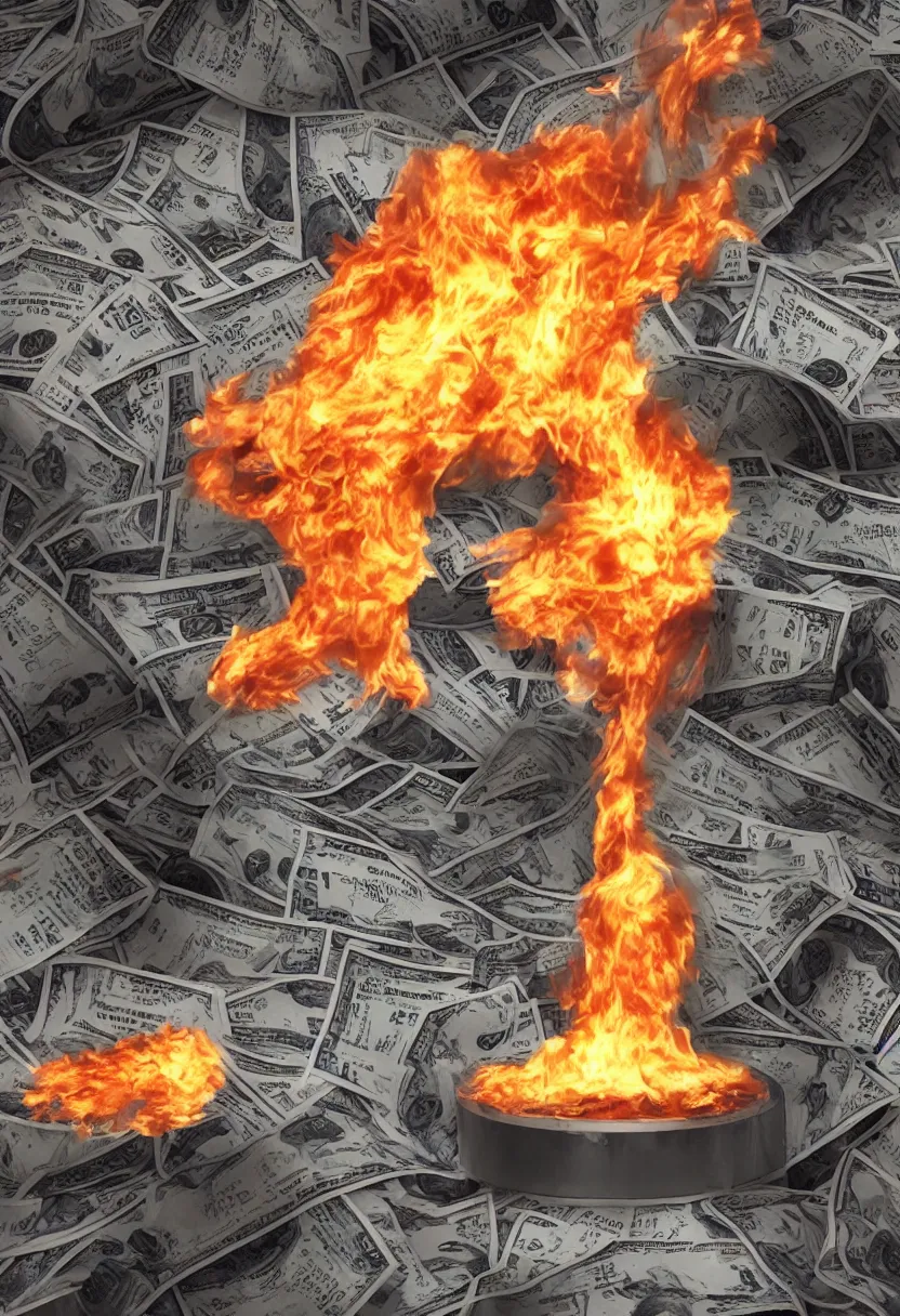 Image similar to an infinite recursion bank burning, some bills float in the air