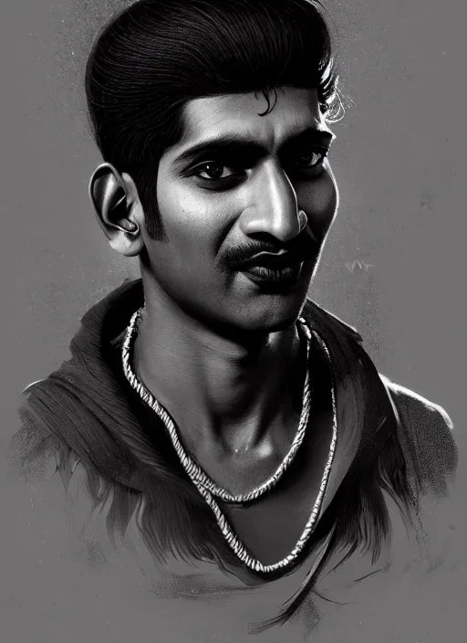 Image similar to portrait of an indian man with a crooked nose and a confident expression, 1 9 6 0 s, black clothes, goth, punk, funk, intricate, elegant, highly detailed, digital painting, artstation, concept art, smooth, sharp focus, illustration, art by wlop, mars ravelo and greg rutkowski