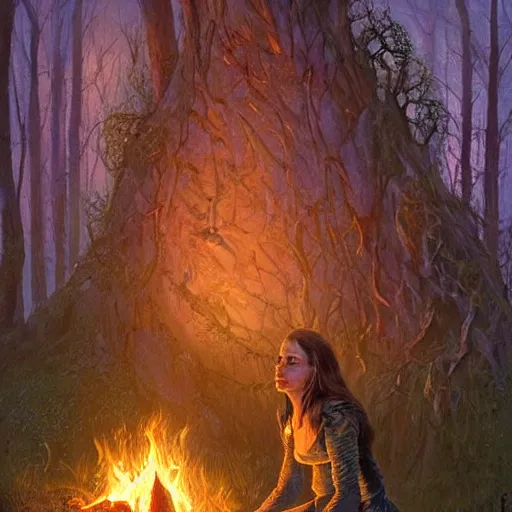 Image similar to Natalie Portman as a beautiful ancient witch in the forest by a fire at night, Darrell K Sweet, artstation, concept art, digital art, Michael Whelan, cinematic, mysterious