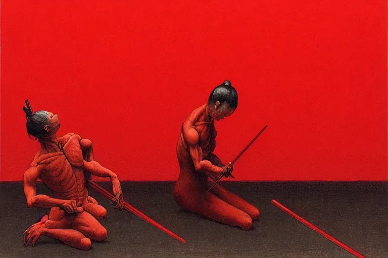 Image similar to only with red, a red samurai do seppuku, tokio, a lot of frogs watch, in the style of beksinski, parts by edward hopper, parts by rodcenko, parts by yue minjun, intricate and epic composition, red by caravaggio, insanely quality, highly detailed, masterpiece, red light, artstation, 4 k