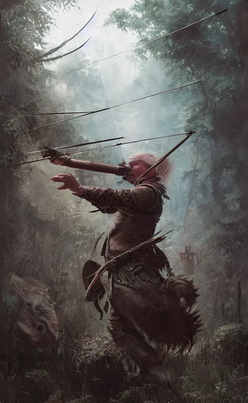 Image similar to portait of a pig archer shooting arrow at forest monster, front game card, drark, marvel comics, dark, intricate, highly detailed, smooth, artstation, digital illustration by ruan jia and mandy jurgens and artgerm and wayne barlowe and greg rutkowski and zdislav beksinski