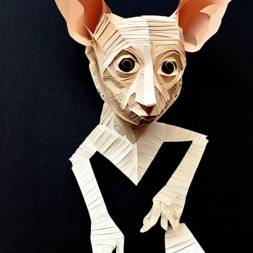 Prompt: cut paper sculpture of dobby the house elf