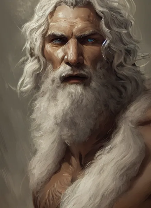 Prompt: painted portrait of rugged zeus, greek god, white hair, masculine, mature, handsome, upper body, muscular, hairy torso, fantasy, intricate, elegant, highly detailed, digital painting, artstation, concept art, smooth, sharp focus, illustration, art by gaston bussiere