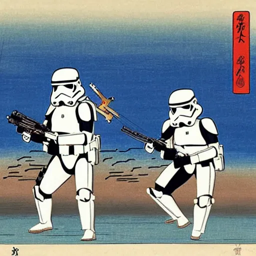 Prompt: star wars stormtroopers in battle, in the style of ando hiroshige, ukiyo - e