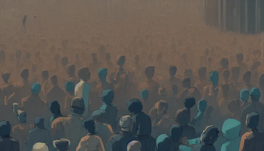 Image similar to a beautiful highly detailed matte painting close up of a crowd watching a boxing match with robots in a factory, punk styling by atay ghailan, cliff chiang, loish and goro fujita, silver, silver, brown, black, blue and cyan mystical tones, featured on artstation, featured on behance, grunge aesthetic