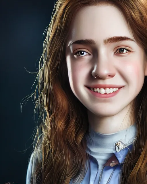 Prompt: close up portrait of 1 5 - year - old girl, smile with large front teeth, hermione granger, very bushy brown hair, and very bright brown eyes, wearing white shirt, hyper realistic face, beautiful eyes, character art, art by mark brooks, hyperdetailed, cryengine, trending on artstation, digital art